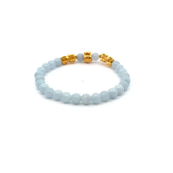 18K Gold Pixiu Piyao Money Bag Charm Bracelet Birthstone Gemstone Aquamarine 6mm - Picture 2 of 4